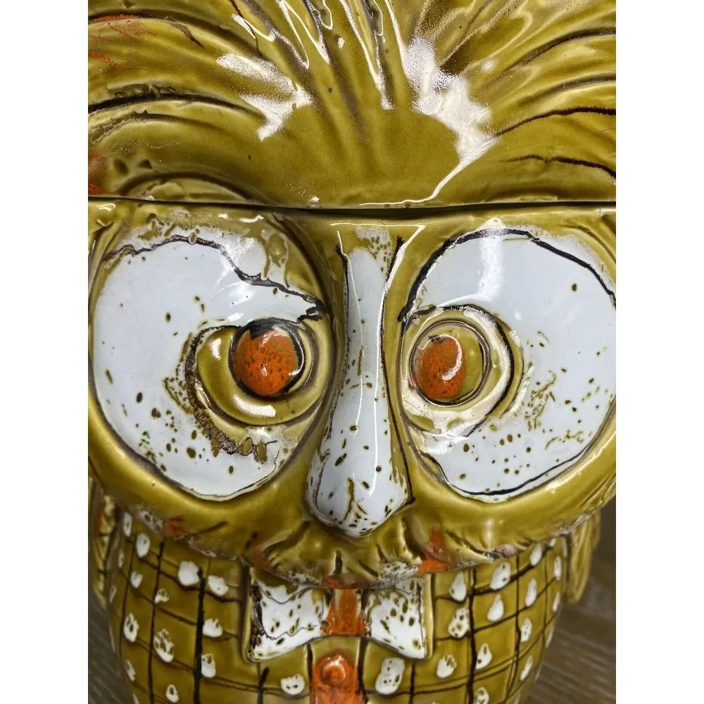 Vintage Owl Cookie Jar Italy Pottery Midcentury Bowtie Glasses Mustard Yellow‎